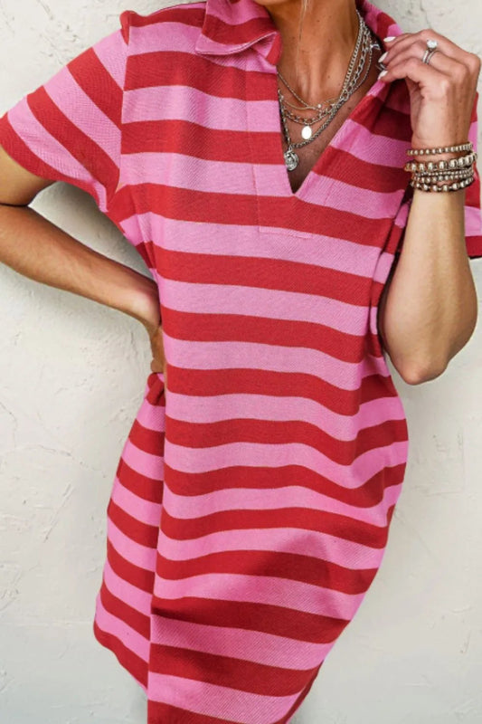 Casual Striped Polo Collar T-Shirt Dress - adritiX