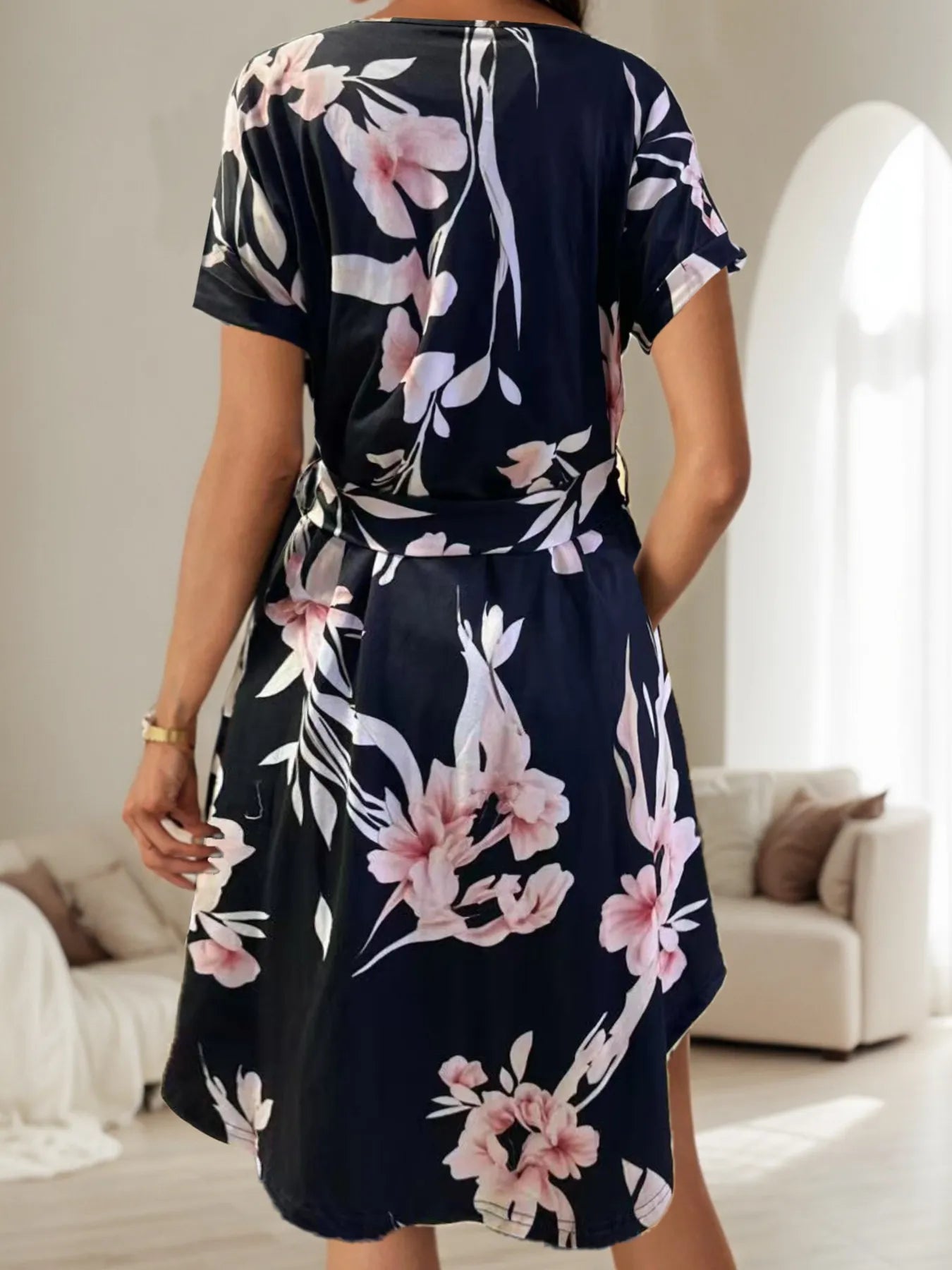 Abstract Print Belted Short Sleeve Midi Dress - adritiX