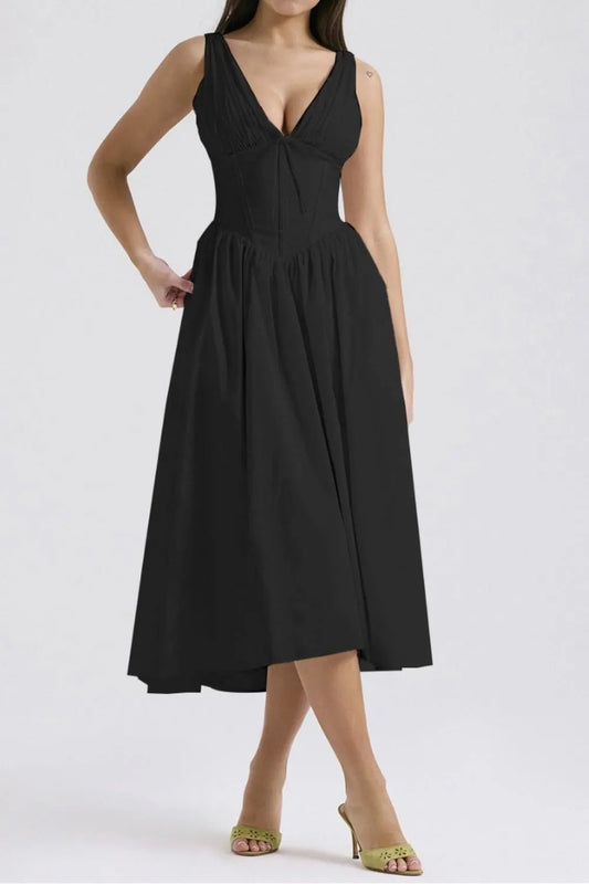 Chic & Sleek Ruched V-Neck Dress with Pockets – Effortless Style for Every Occasion - adritiX