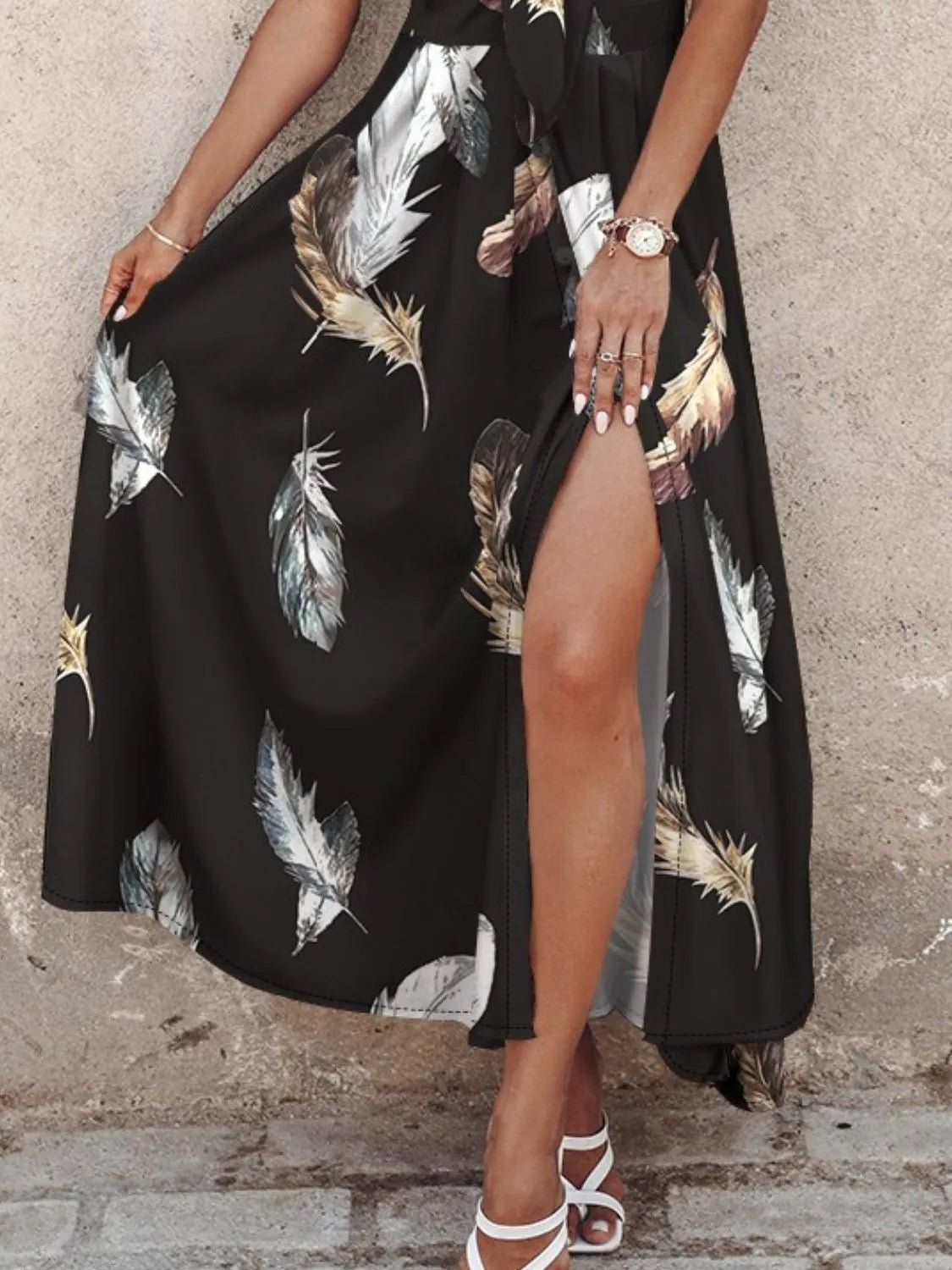 Feather Print Spaghetti Strap Split Dress - adritiX