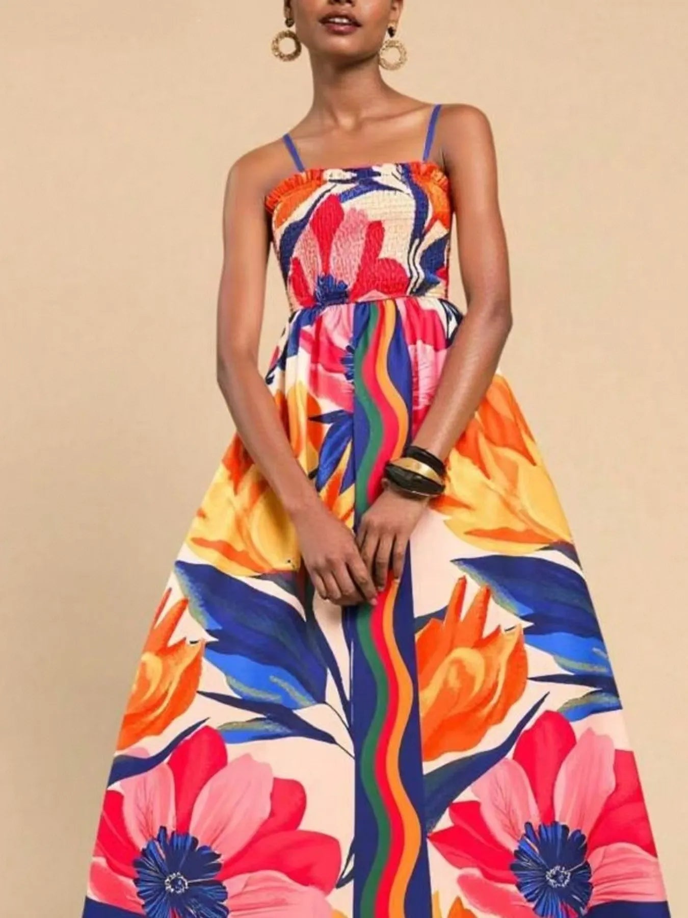 Elegant Smocked Printed Spaghetti Strap Maxi Summer Dress - adritiX