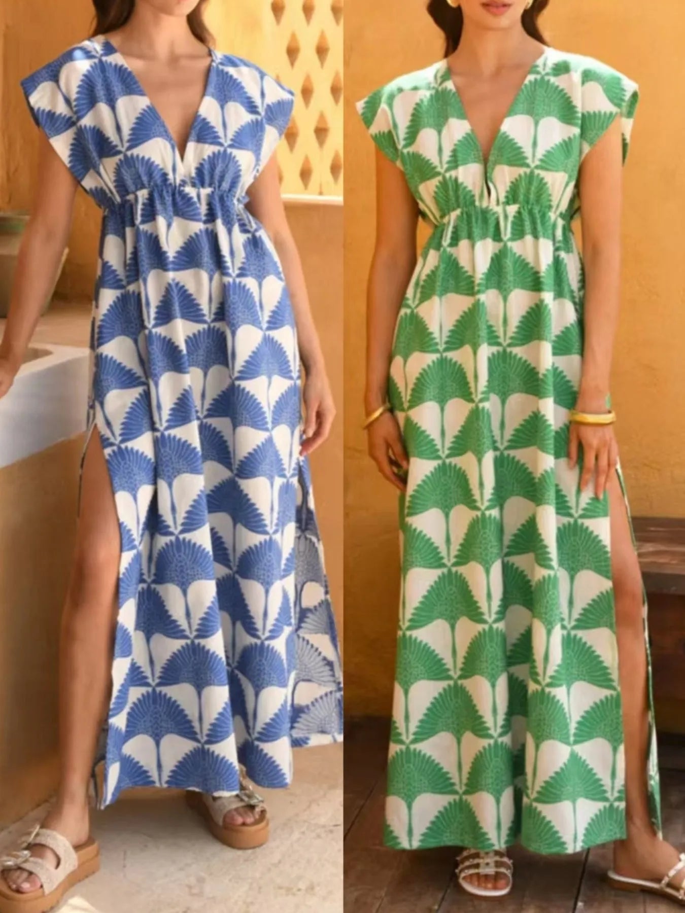 Elegant Slit Printed V-Neck Cap Sleeve Maxi Dress - adritiX