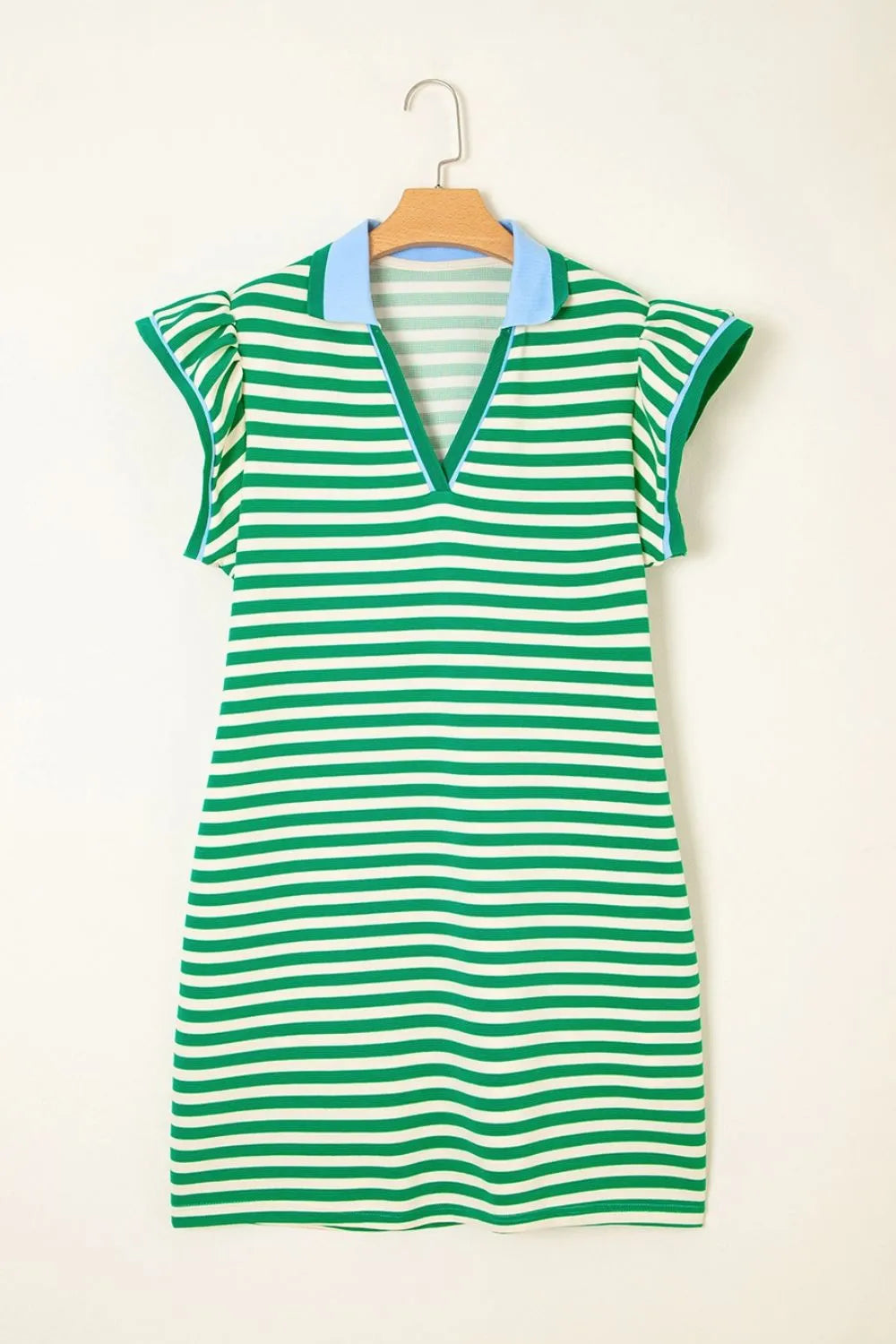 Elegant Stripe Print Contrast Collar Split Neck Flutter Sleeve Dress - adritiX