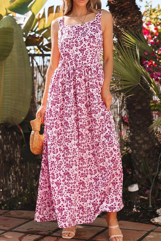 Floral Cutout Back Square Neck Maxi Dress - adritiX