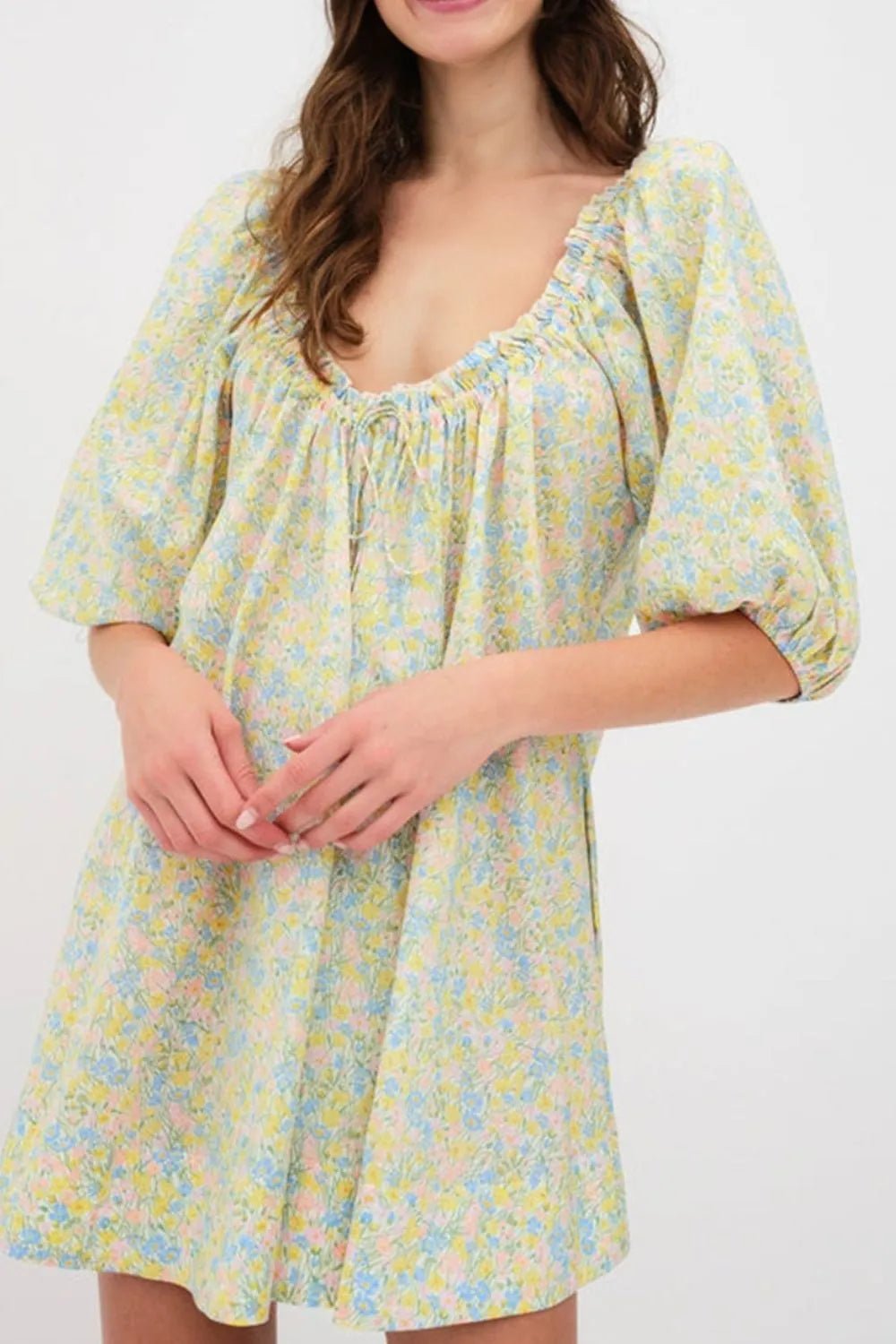 Floral Half Sleeve Frilled U Neck A - line Short Dress - adritiX