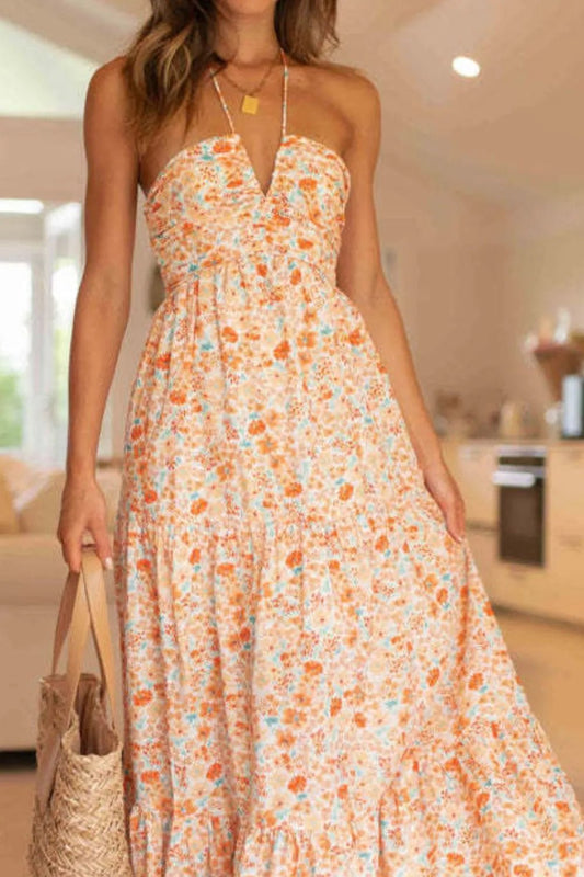 Floral Halter Neck Tiered Maxi Dress - adritiX
