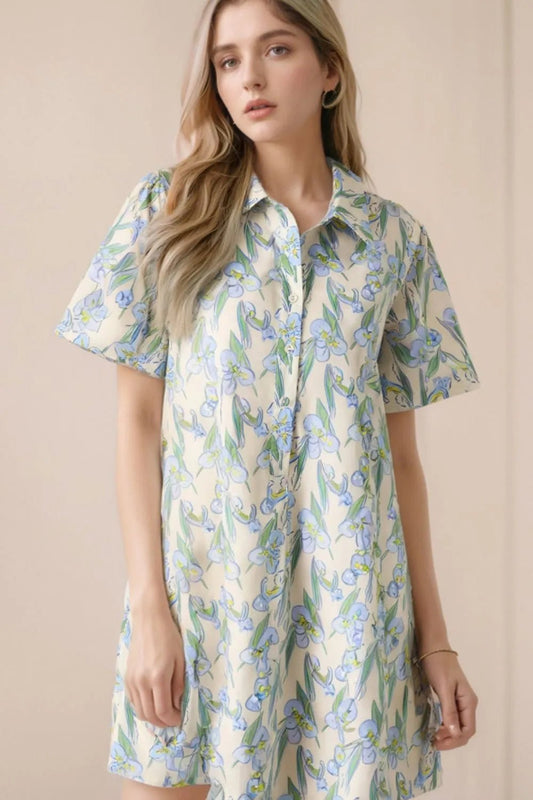Floral Print Button - Up Shirt Dress - adritiX