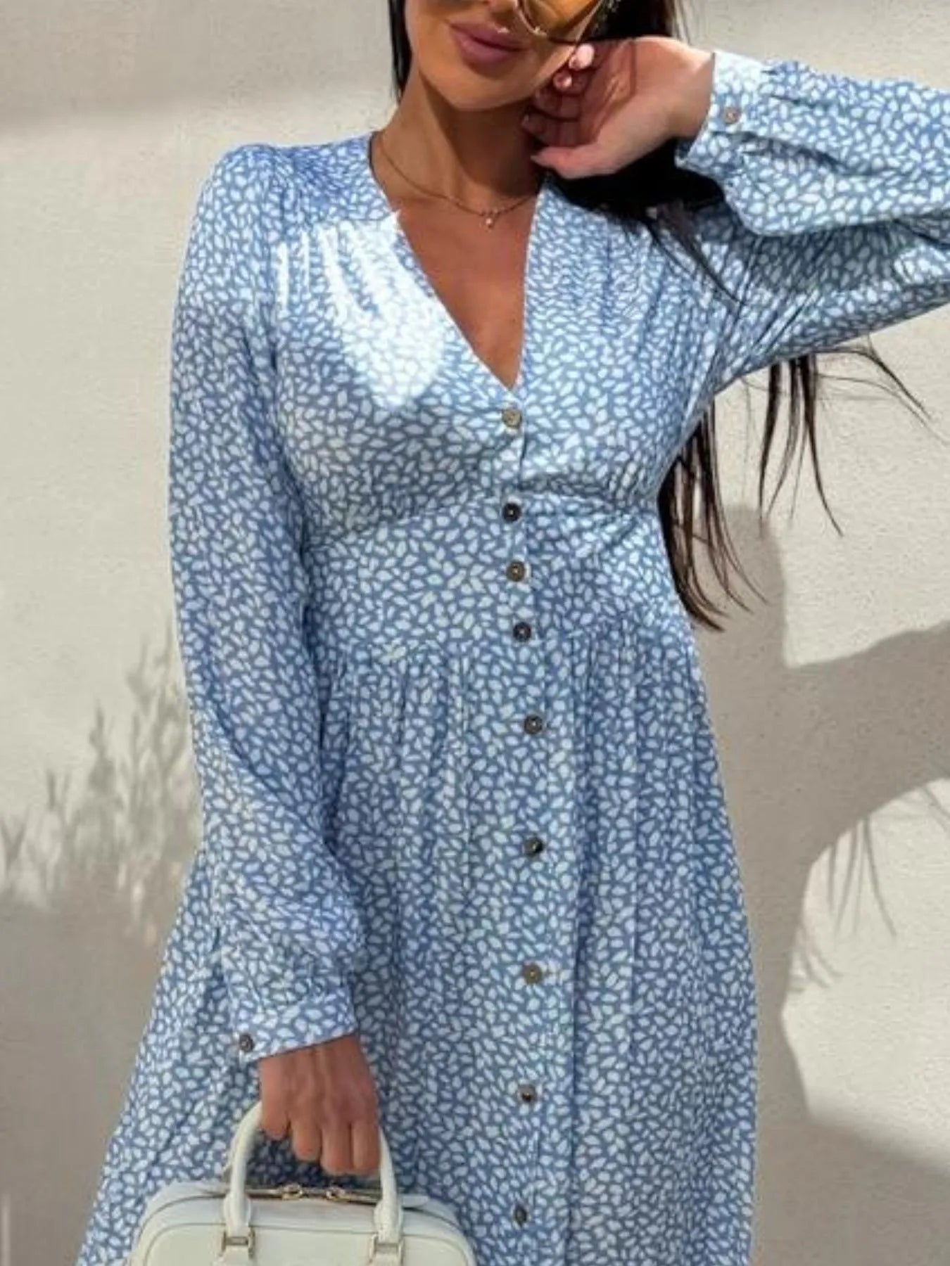 Floral Print Long Sleeve V - Neck Dress - adritiX