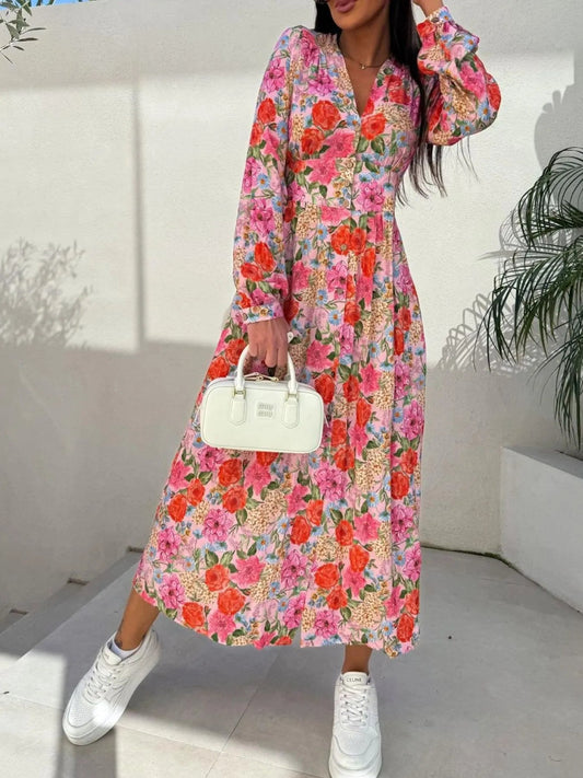 Floral Print Long Sleeve V - Neck Dress - adritiX