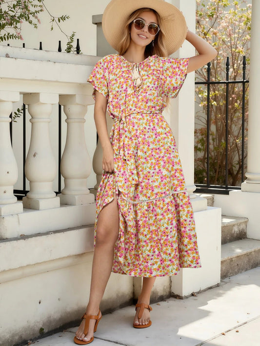 Floral Print Ruffle Hem Midi Dress - adritiX