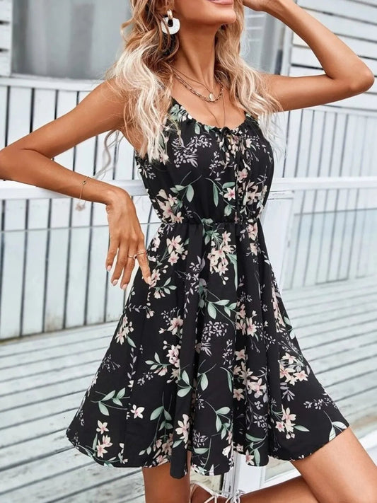Floral Print Spaghetti Strap Summer Mini Dress - adritiX