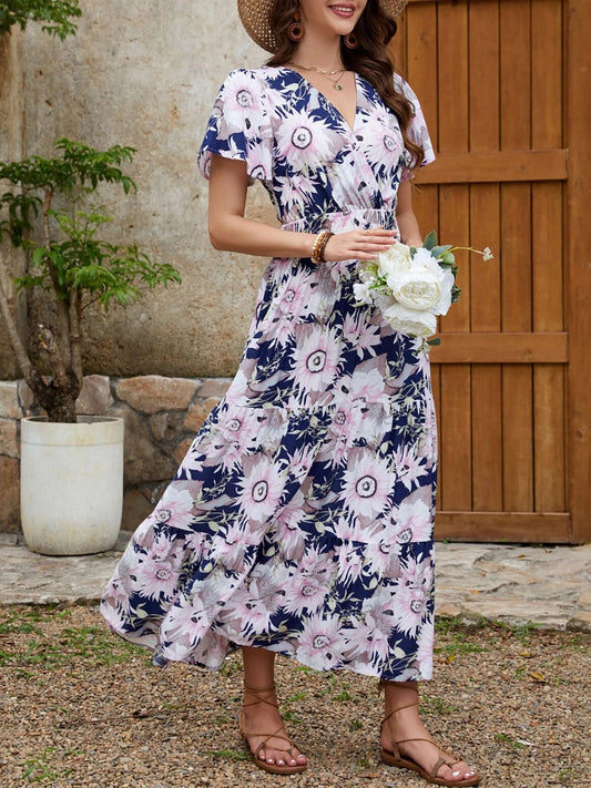 Floral Print Surplice Midi Dress - adritiX