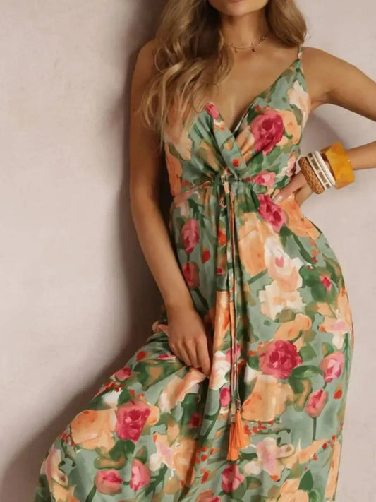 Floral Print Surplice Spaghetti Strap Maxi Dress - adritiX
