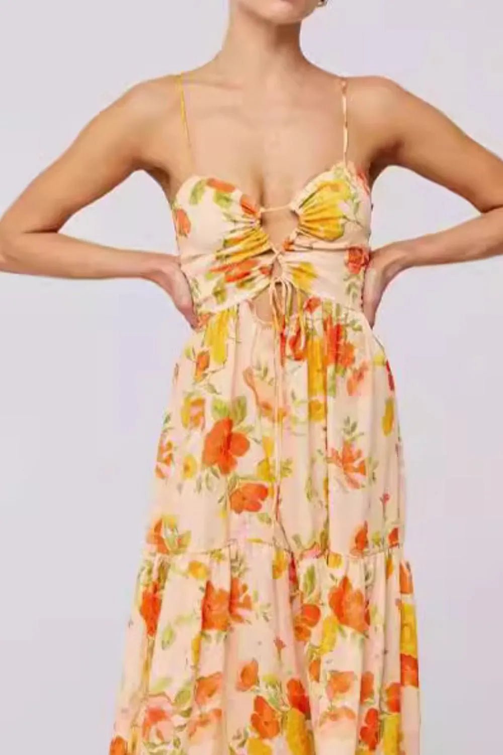 Floral Print Tie Front Tiered Maxi Dress - adritiX