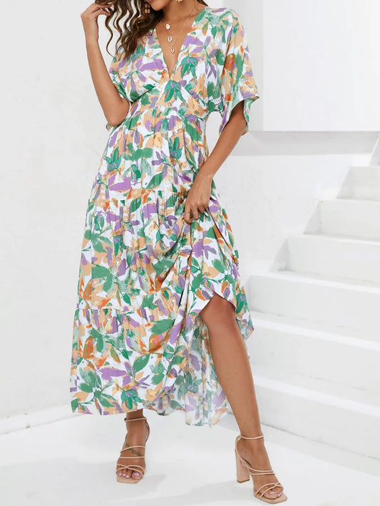 Floral Print V - neck Boho Midi Dress - adritiX