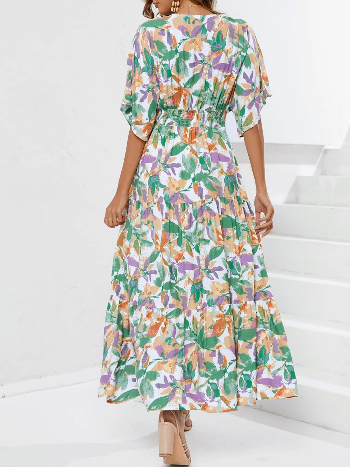 Floral Print V - neck Boho Midi Dress - adritiX