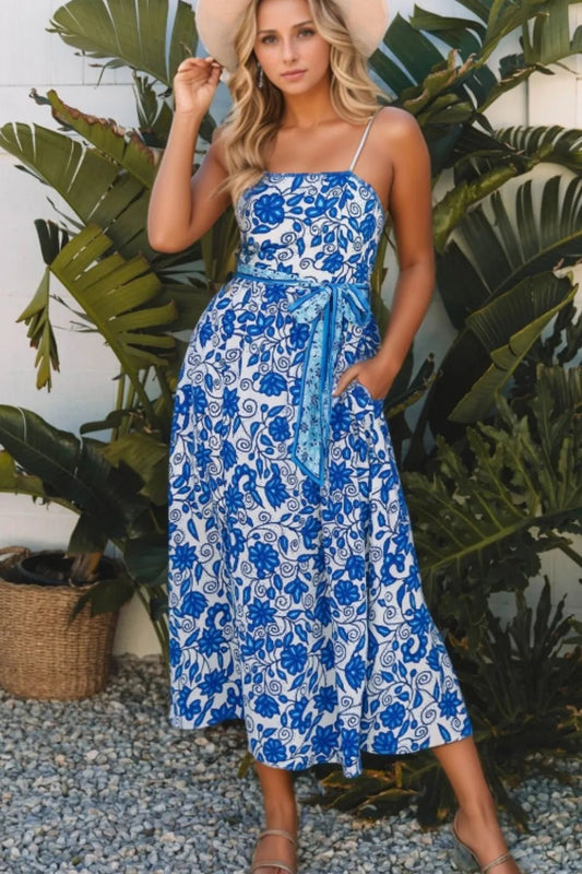 Floral Printed Spaghetti Strap Maxi Dress with Waist Tie - adritiX