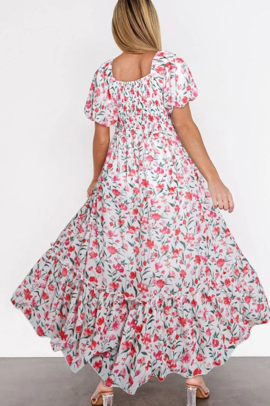 Floral Short Puff Sleeve Tiered Dress - adritiX