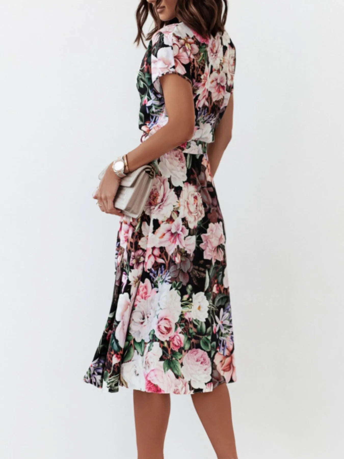 Floral Short Sleeve Midi Dress - adritiX