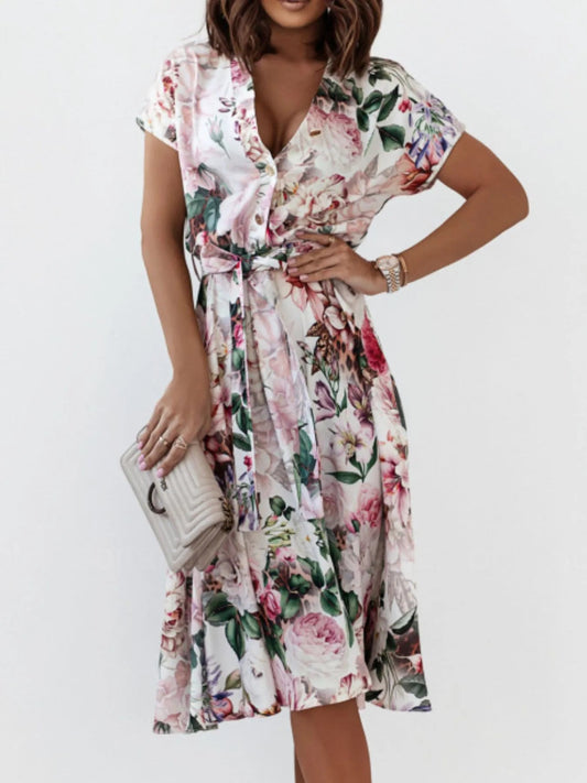 Floral Short Sleeve Midi Dress - adritiX