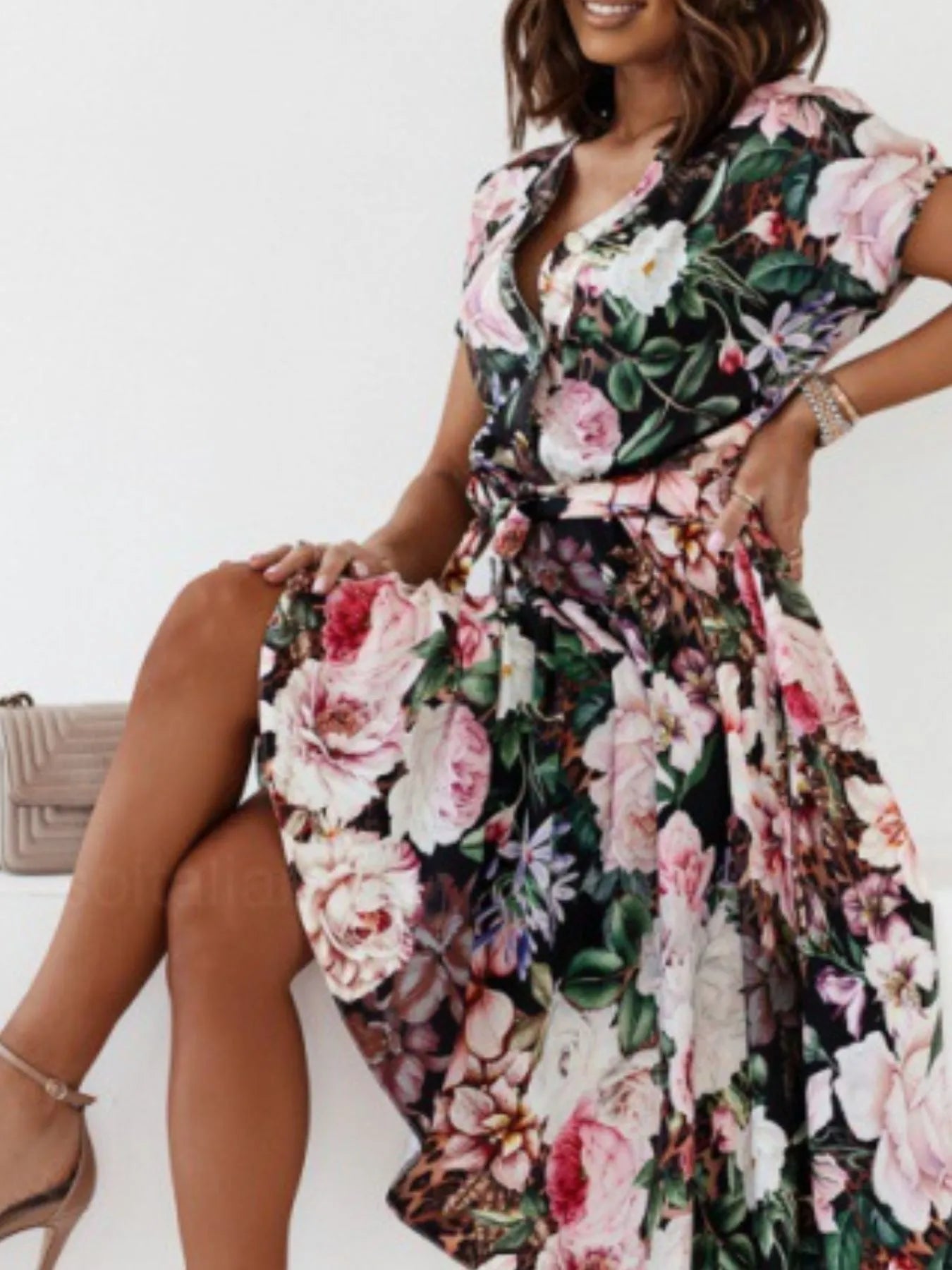 Floral Short Sleeve Midi Dress - adritiX