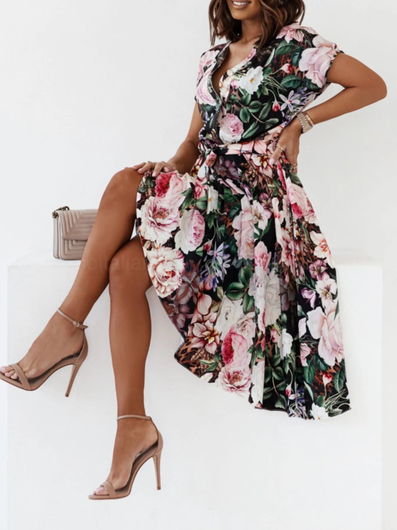 Floral Short Sleeve Midi Dress - adritiX