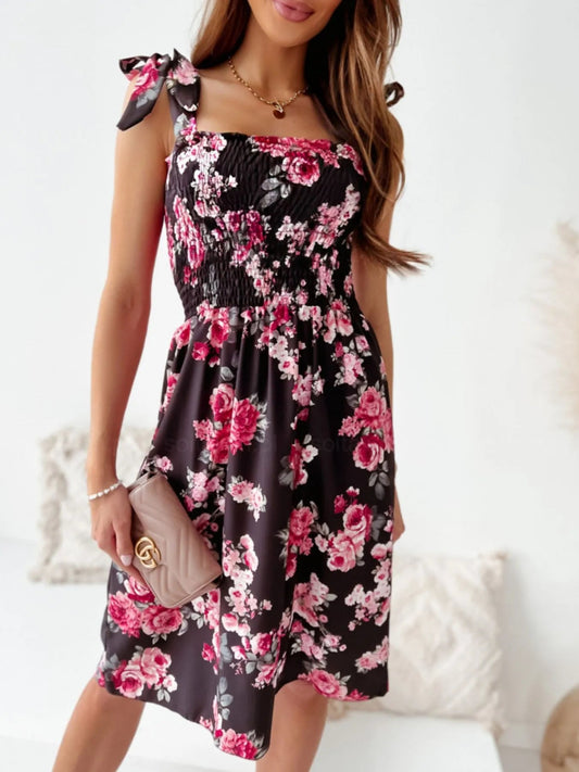 Floral Smocked Bodice Tie Shoulder Summer Dress - adritiX