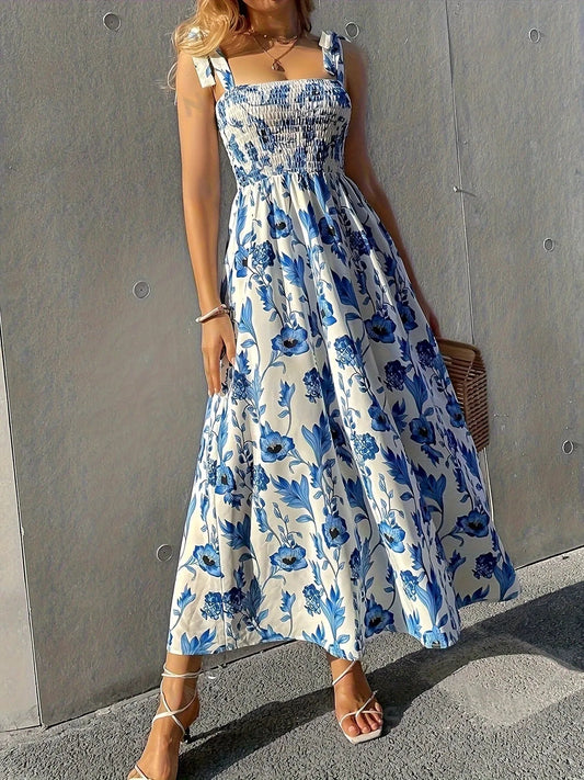 Floral Smocked Midi Dress with Tie Shoulders - adritiX
