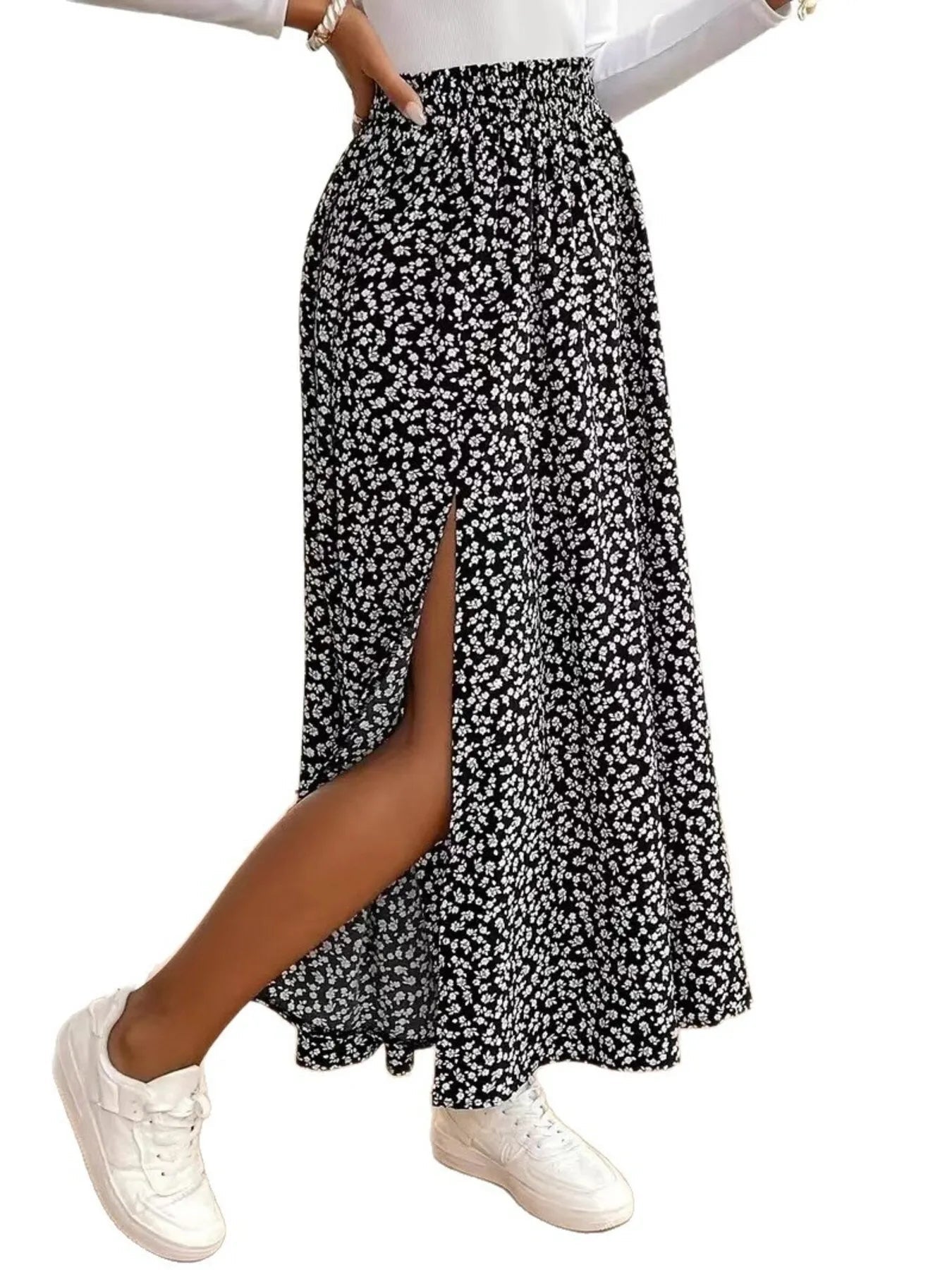 Floral Split Elastic Waist Maxi Skirt - adritiX