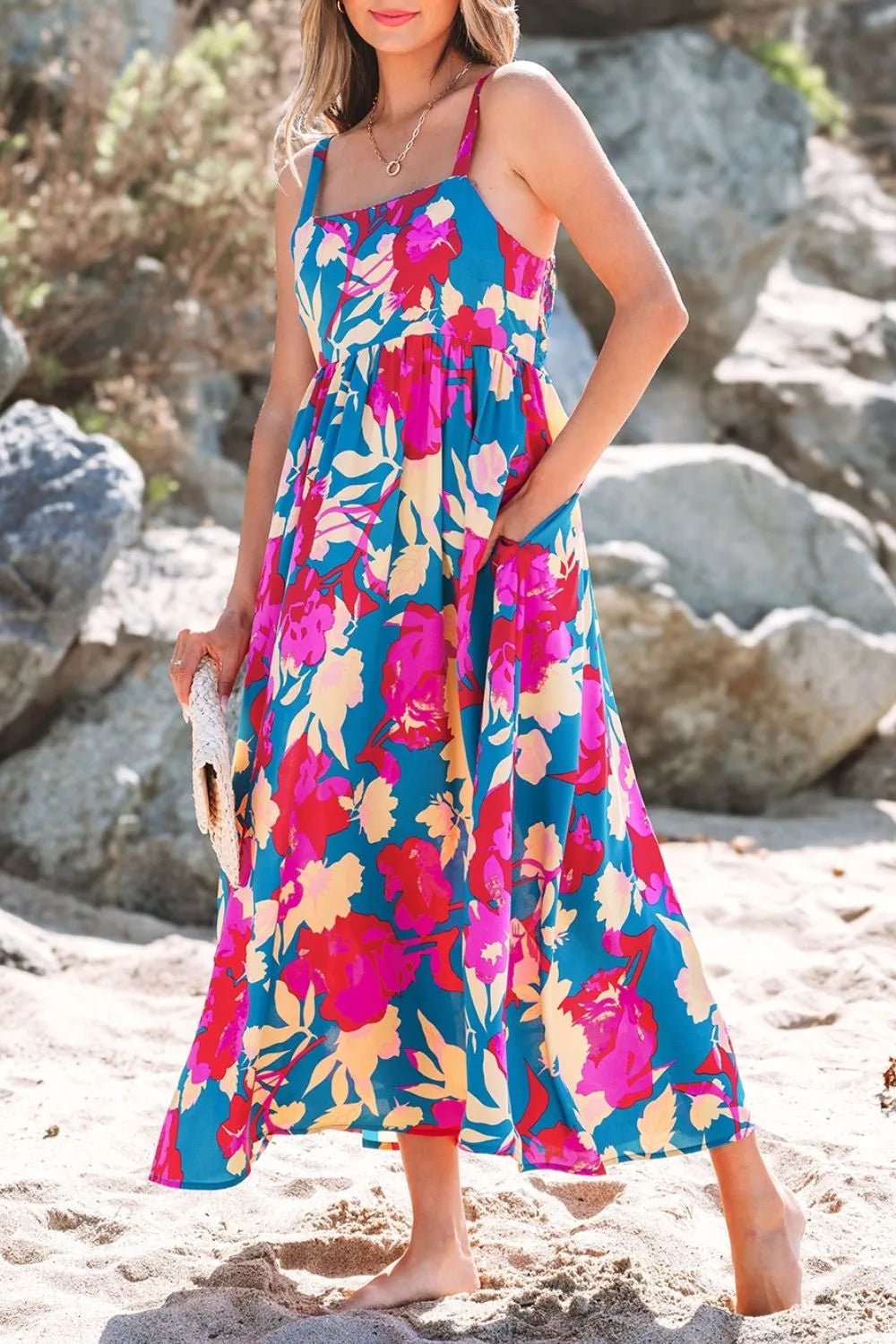 Floral Square Neck Cami Dress with Pockets - adritiX