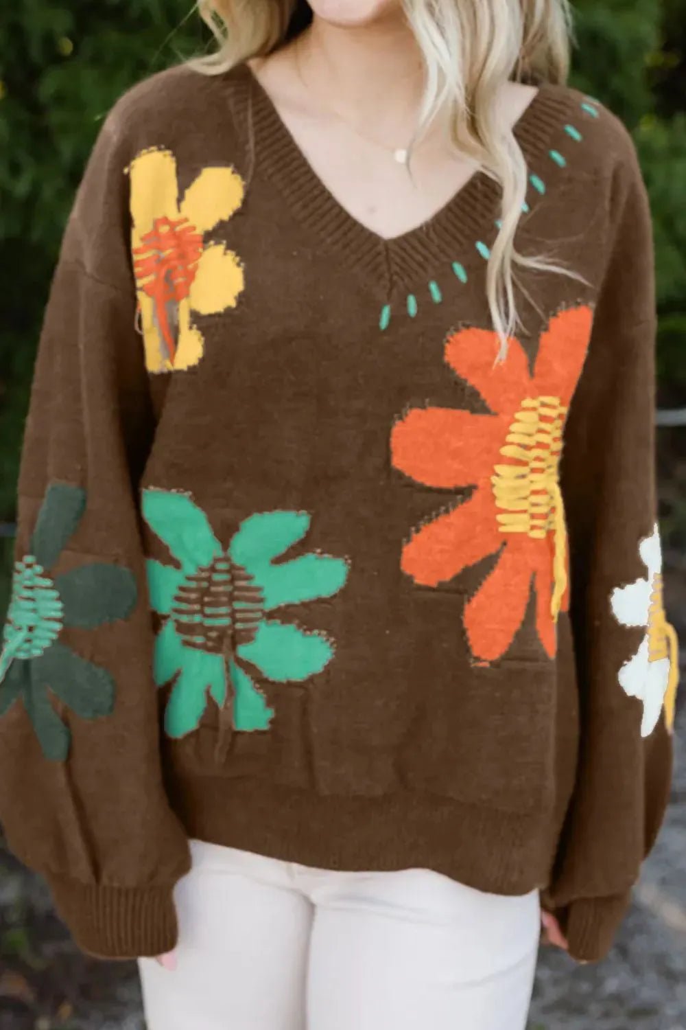 Flower V - Neck Dropped Shoulder Sweater - adritiX