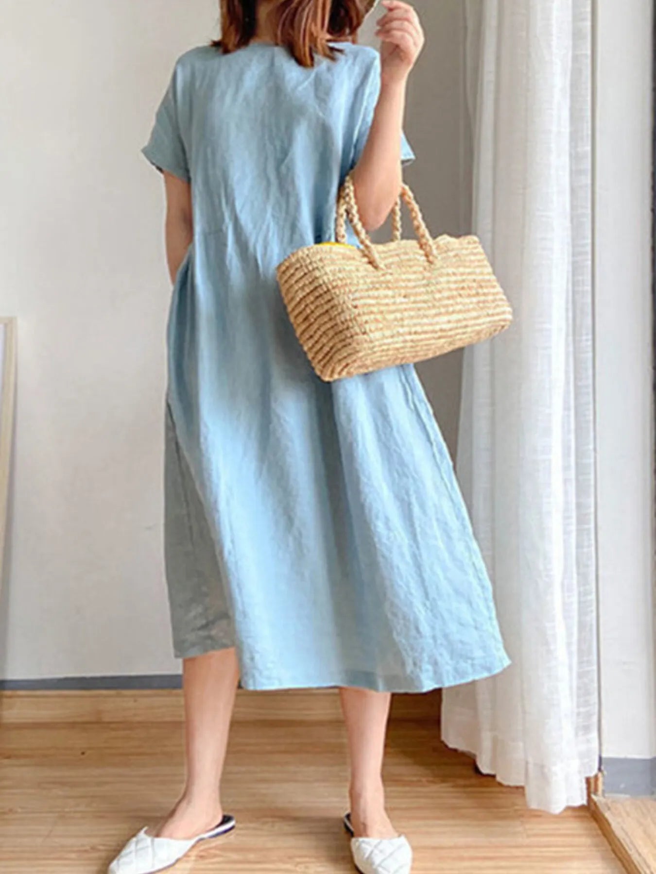 Full Size Casual Round Neck Midi Dress Plus Size - adritiX