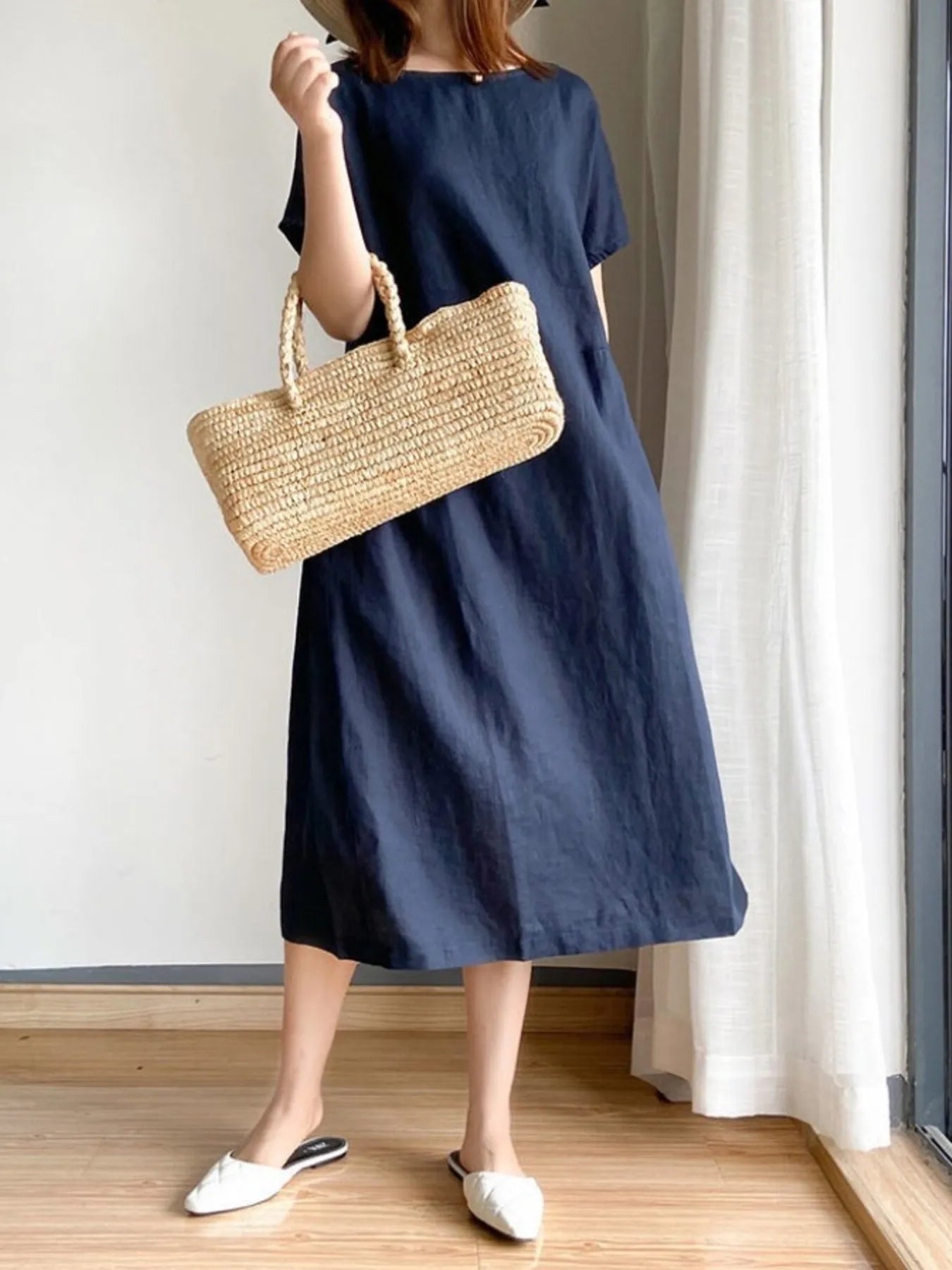 Full Size Casual Round Neck Midi Dress Plus Size - adritiX