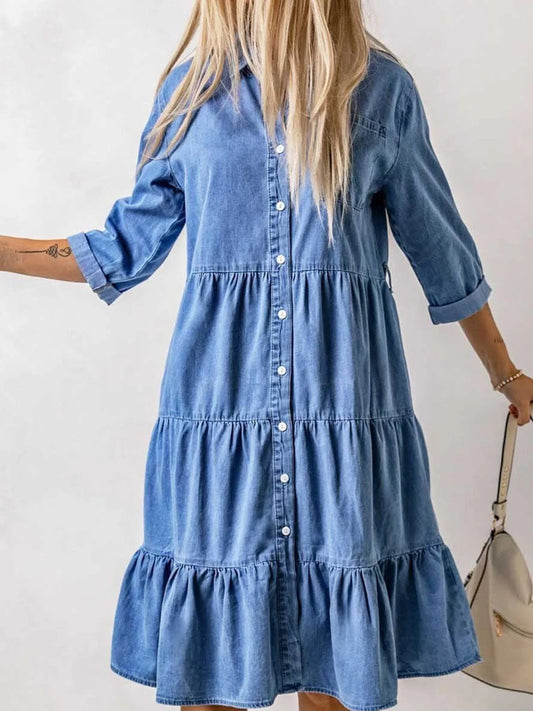 Full Size Ruffled Hem Button Up Denim Midi Dress Plus Size - adritiX