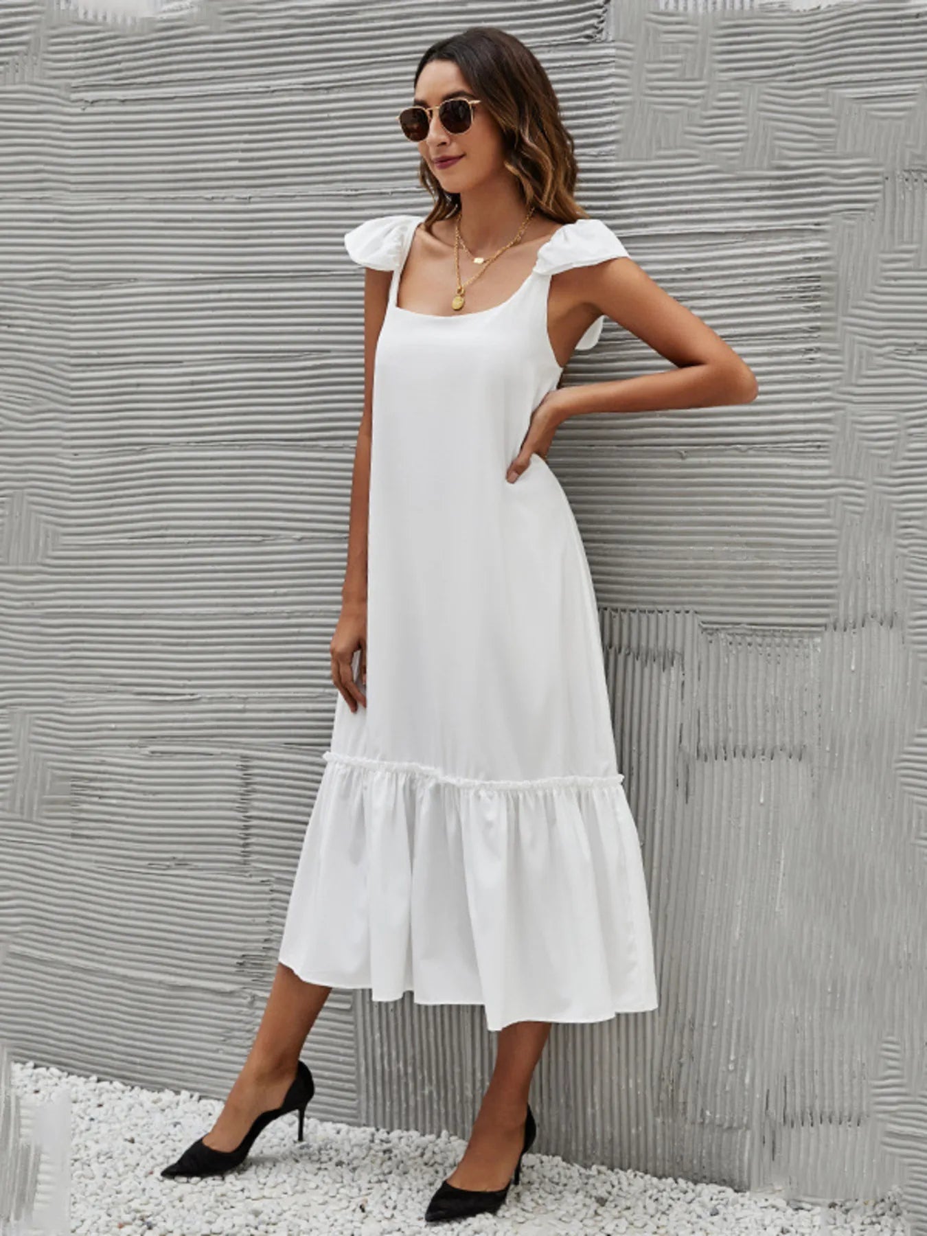 Full Size Ruffled Hem Midi Dress with Cap Sleeves Plus Size - adritiX