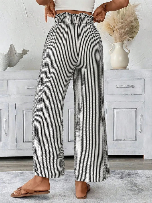 Full Size Striped Wide Leg Paper Bag Pants Plus Size - adritiX
