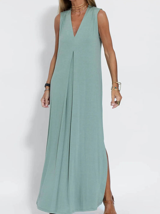 Full Size V - Neck Sleeveless Maxi Dress with Slit Plus Size - adritiX