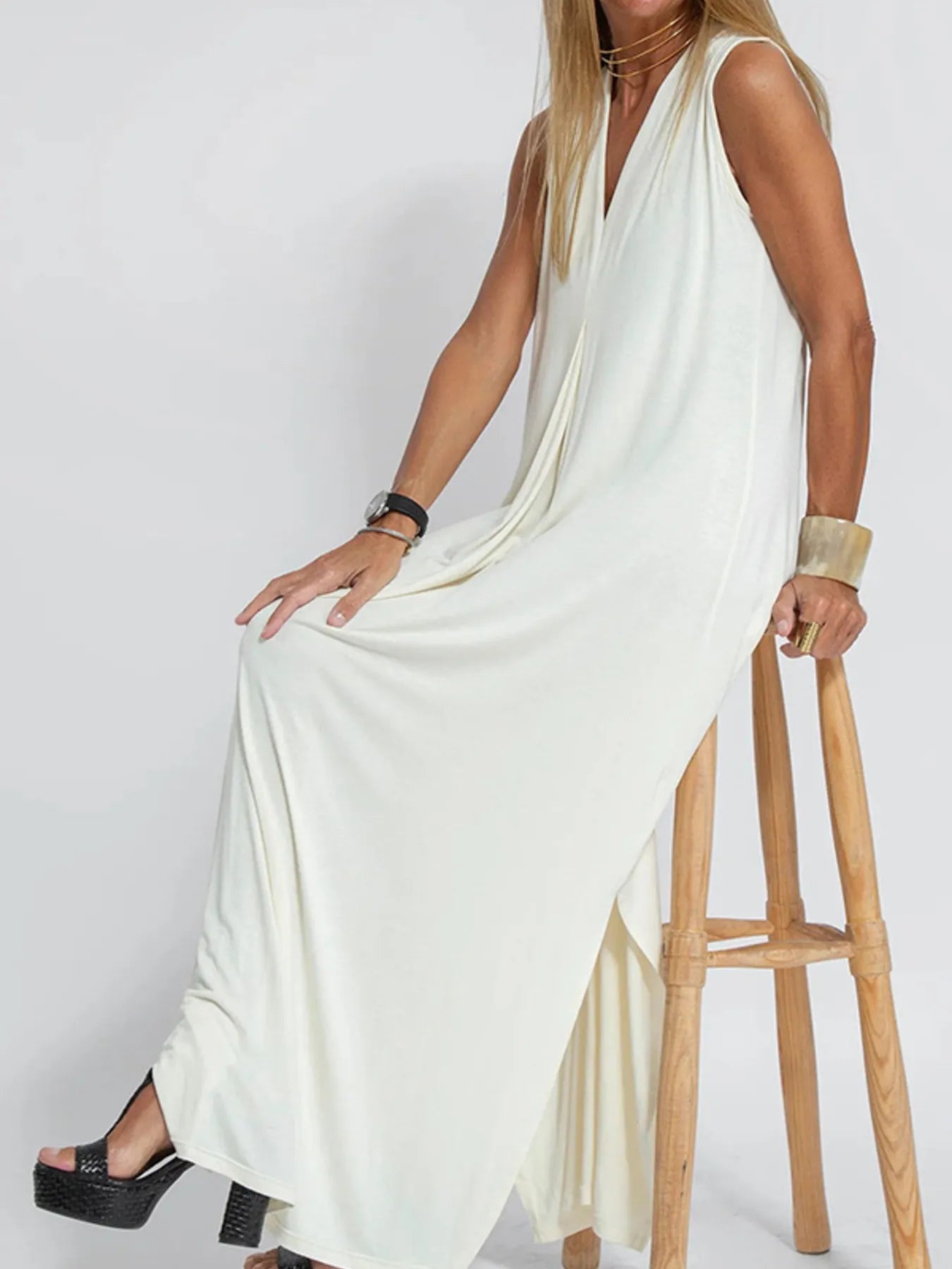 Full Size V - Neck Sleeveless Maxi Dress with Slit Plus Size - adritiX