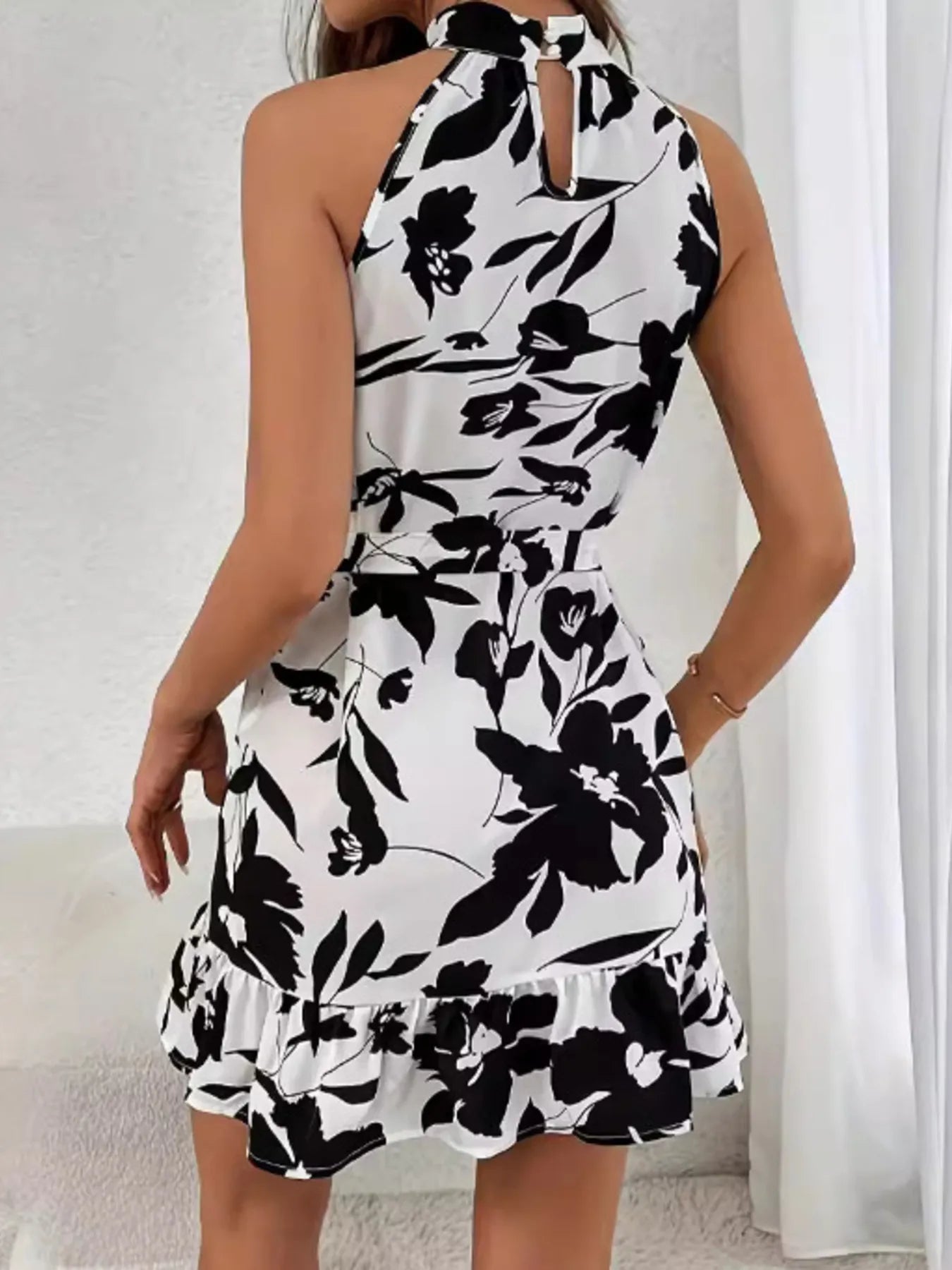 Halter Neck Floral Print Mini Dress - adritiX