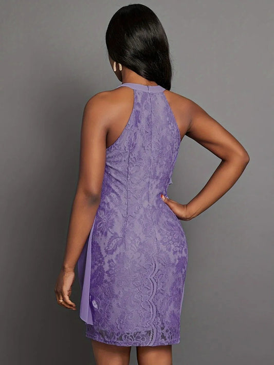 Halter Neck Layered Lace Mini Dress - adritiX