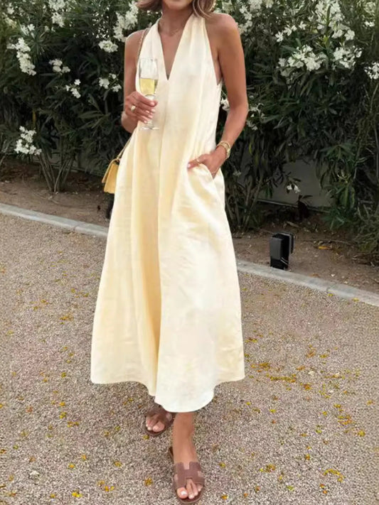 Halter V - Neck Linen Midi Dress - adritiX