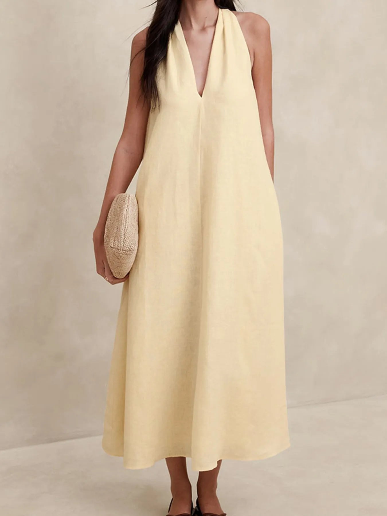 Halter V - Neck Linen Midi Dress - adritiX
