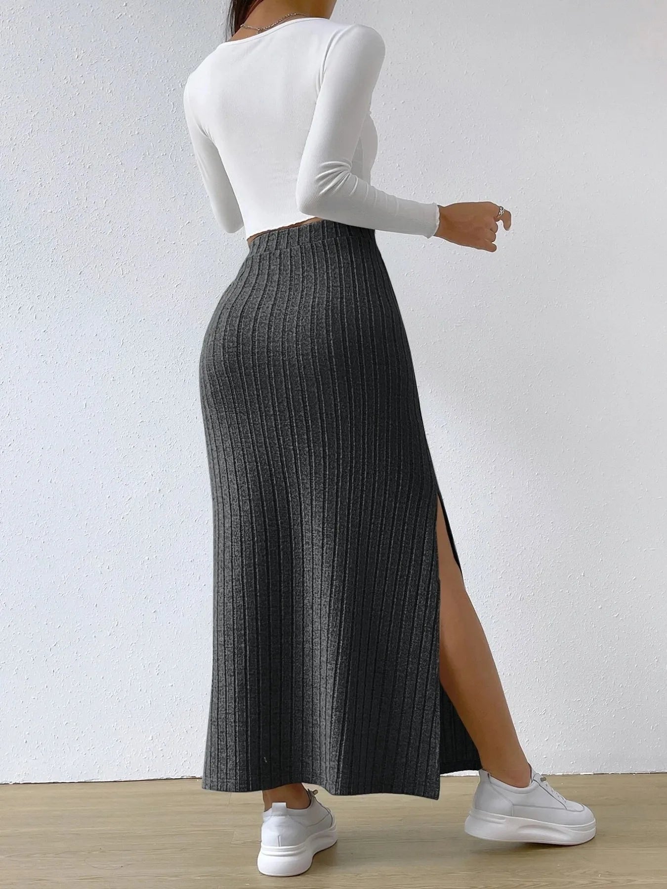 High Waist Ribbed Knit Maxi Skirt - adritiX