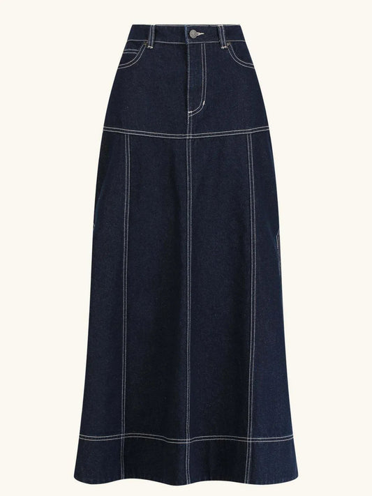 High - Waist Side Slit Contrast Stitch Denim Maxi Skirt - adritiX