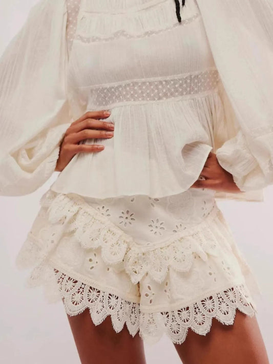 Lace Eyelet Ruffle Hem Shorts - adritiX