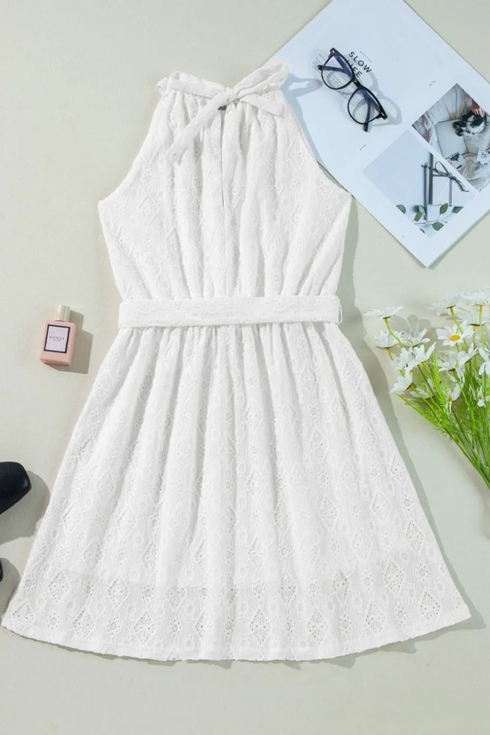 Lace Sleeveless Tied Waist Mini Dress - adritiX