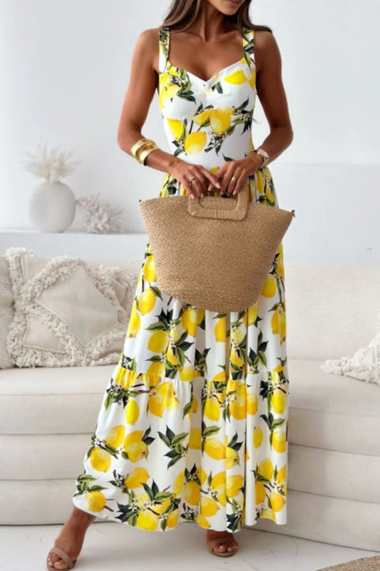 Lemon Print Sweetheart Neck Maxi Dress - adritiX