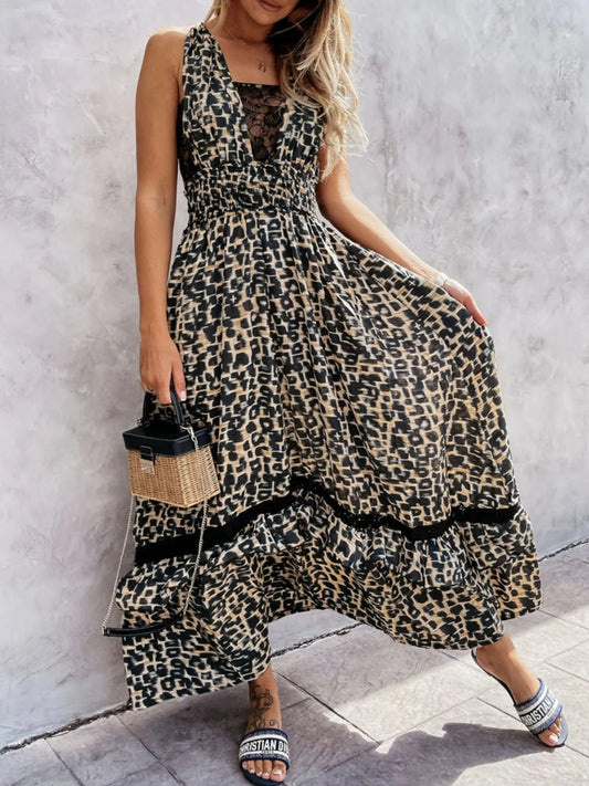 Leopard Print Sleeveless Maxi Dress with Lace Trim - adritiX