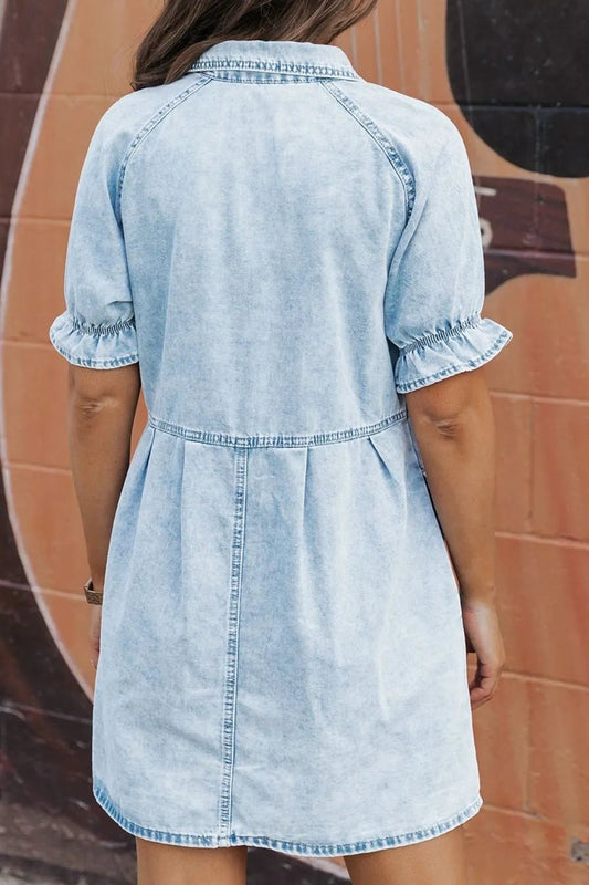 Mineral Wash Ruffle Sleeve Denim Dress - adritiX