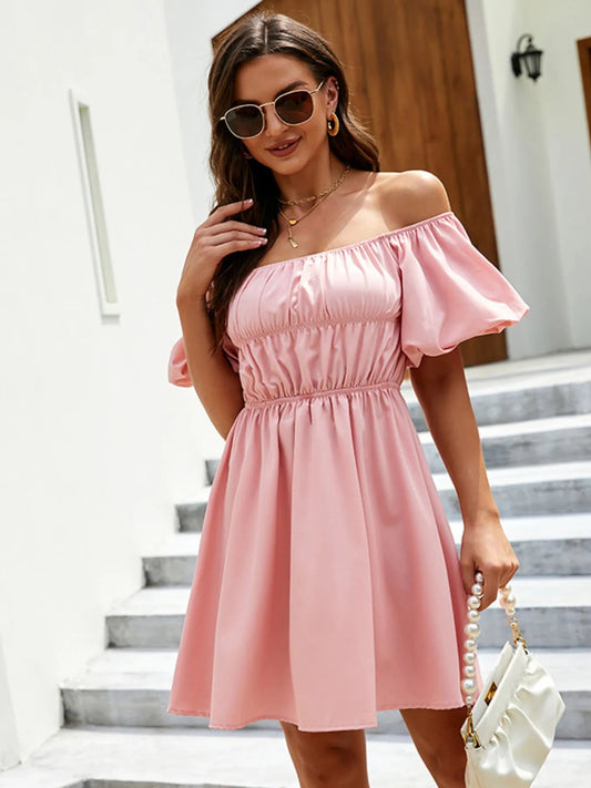 Off - Shoulder Puff Sleeve Mini Dress - adritiX